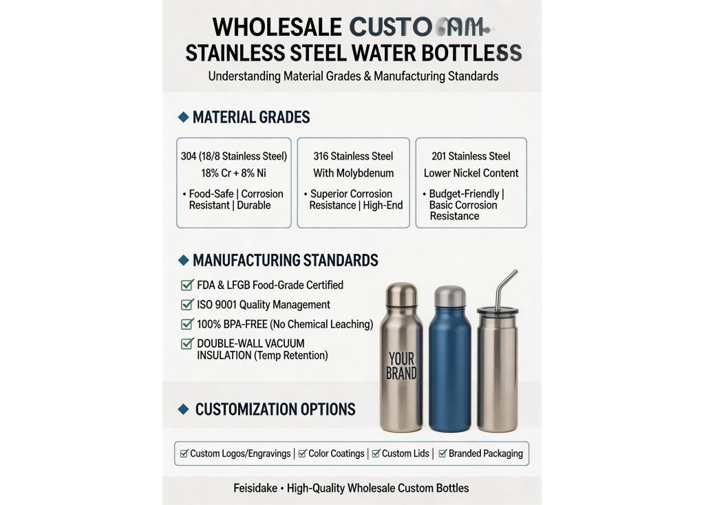 What are the material grades and manufacturing standards for wholesale custom stainless steel water bottles?
