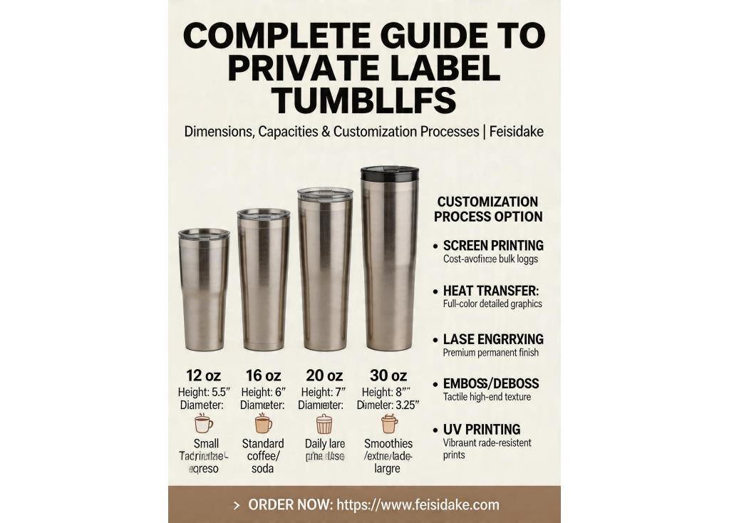 Can you provide detailed product sheets with dimensions, capacities, and process options for private label tumblers?
