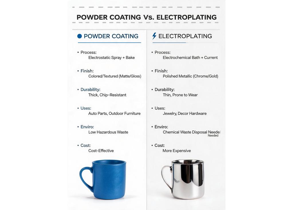 What are the differences between powder coating and electroplating for metal surfaces?