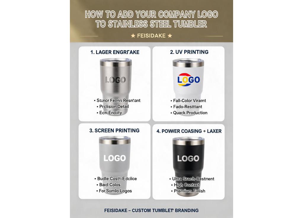 How can I add a company logo to stainless steel tumblers with a durable finish?