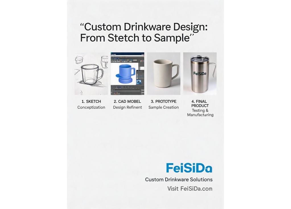 What are the key steps in developing a custom drinkware design from sketch to sample?