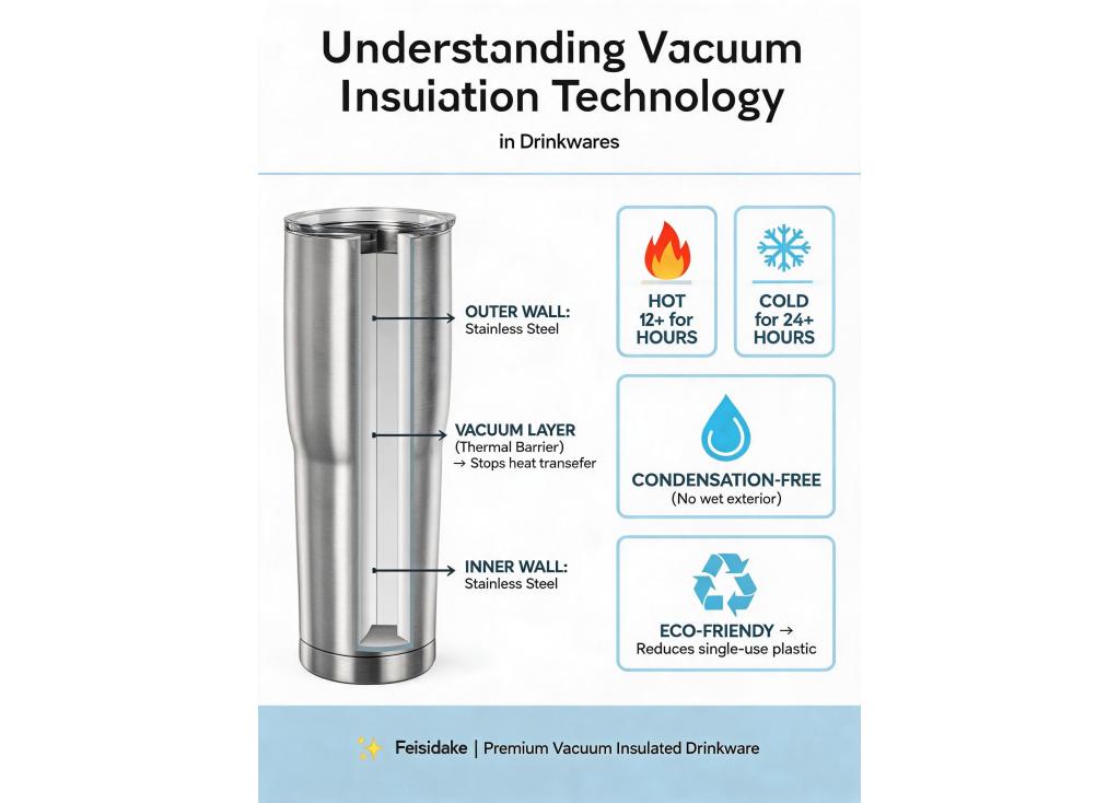 How does vacuum insulation technology work in drinkware and what are its benefits?