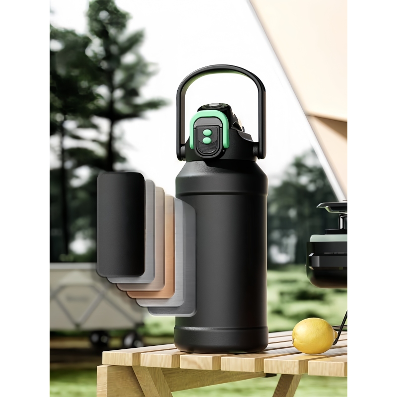 Large-capacity 50-ounce stainless steel insulated 1-gallon water bottle for sports, with lid and outdoor camping bag.