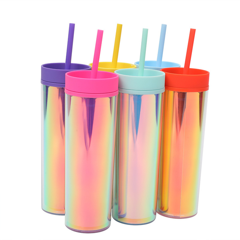 Wholesale Bulk 480ml 16oz Reusable Gradient Colorful Travel Coffee Mug Skinny Double Wall Plastic Tumblr Cup
