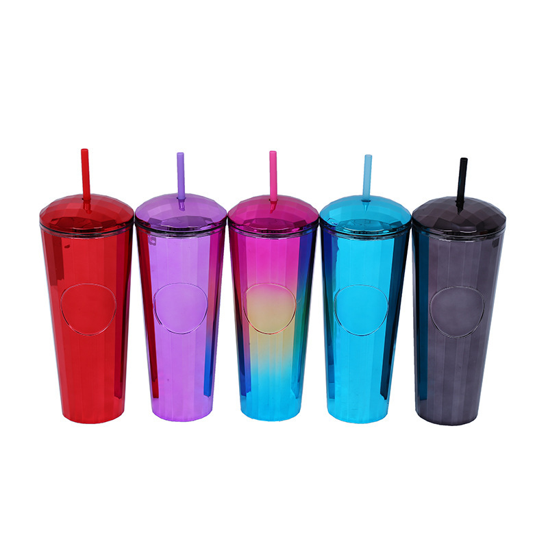 Wholesale Bulk 750ml Plastic Cold Skinny Kaleidoscope Shaped Cups Double Walled Straw Tumblr Cup With Lids and Straws