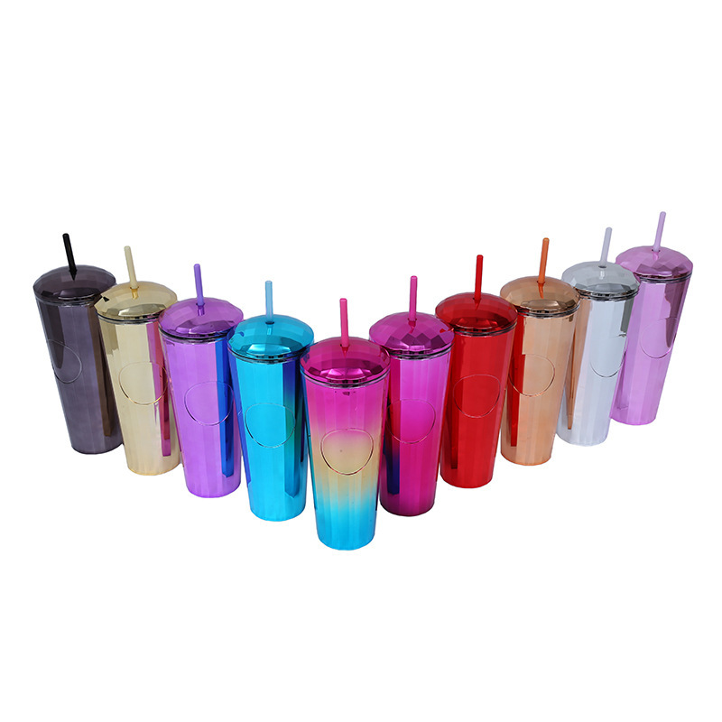 Wholesale Bulk 750ml Plastic Cold Skinny Kaleidoscope Shaped Cups Double Walled Straw Tumblr Cup With Lids and Straws