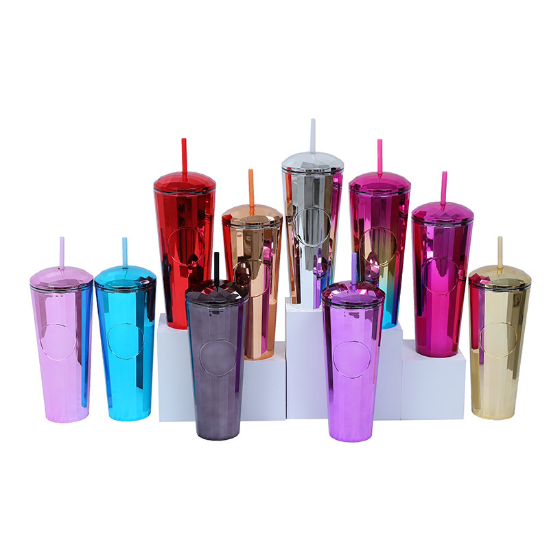 Wholesale Bulk 750ml Plastic Cold Skinny Kaleidoscope Shaped Cups Double Walled Straw Tumblr Cup With Lids and Straws