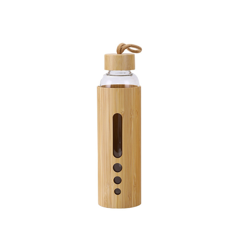 Customized Bamboo Shell Single Wall High Borosilicate Glass Water Bottle with Carrying Handle and Lid