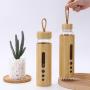 Customized Bamboo Shell Single Wall High Borosilicate Glass Water Bottle with Carrying Handle and Lid