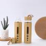 Customized Bamboo Shell Single Wall High Borosilicate Glass Water Bottle with Carrying Handle and Lid