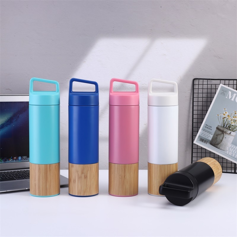 BORGE Customized Bamboo Base 20oz Double Wall Stainless Steel Insulated Vacuum Flask Water Bottle with Handle