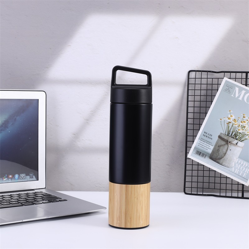BORGE Customized Bamboo Base 20oz Double Wall Stainless Steel Insulated Vacuum Flask Water Bottle with Handle