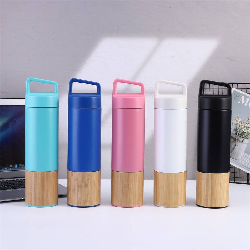 BORGE Customized Bamboo Base 20oz Double Wall Stainless Steel Insulated Vacuum Flask Water Bottle with Handle