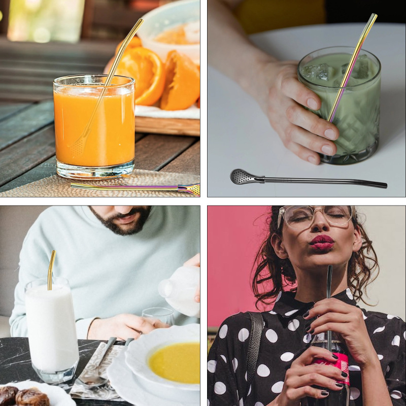 BORGE Stainless Steel Tea Straw Bombilla Mixing Spoon Yerba Mate Drinking Straws With Filter Spoon for Loose Tea