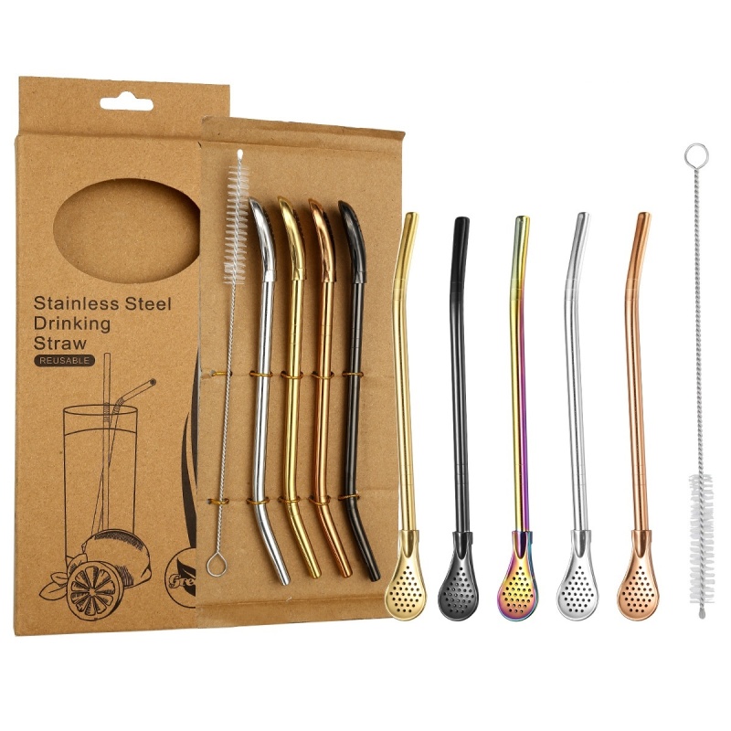BORGE Stainless Steel Tea Straw Bombilla Mixing Spoon Yerba Mate Drinking Straws With Filter Spoon for Loose Tea
