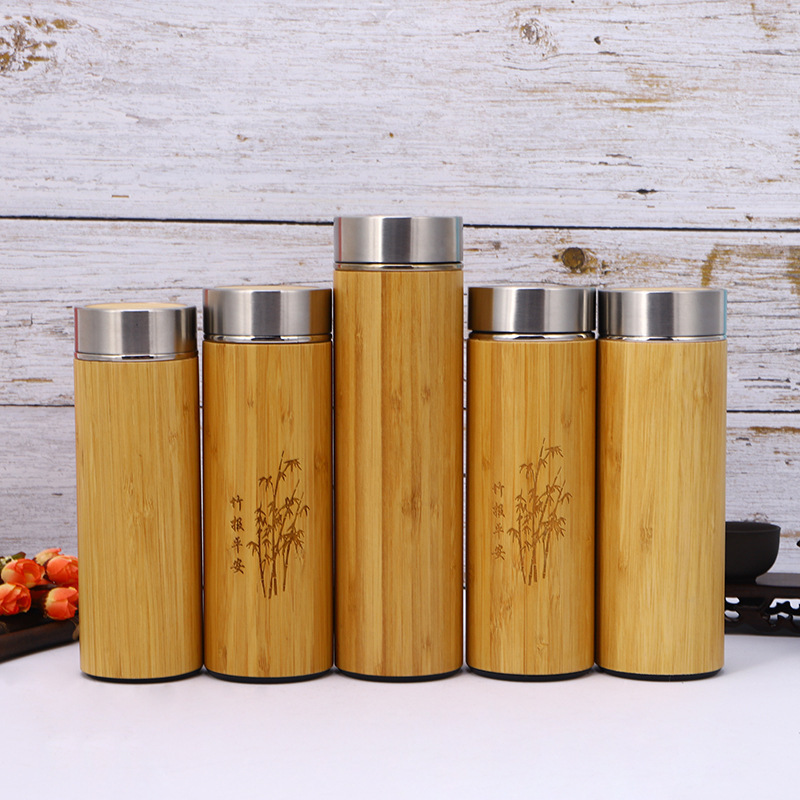 BORGE Manufacturer Custom Wood Grain Water Cup Double Wall Insulated Thermo Stainless Steel Bamboo Water Bottle Tumbler