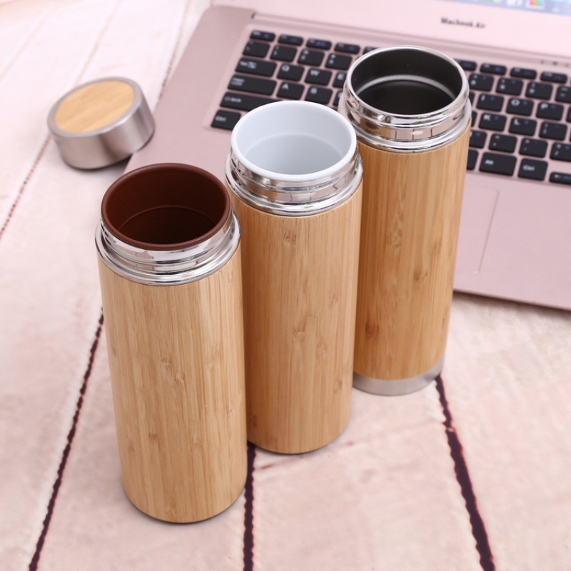 BORGE Manufacturer Custom Wood Grain Water Cup Double Wall Insulated Thermo Stainless Steel Bamboo Water Bottle Tumbler