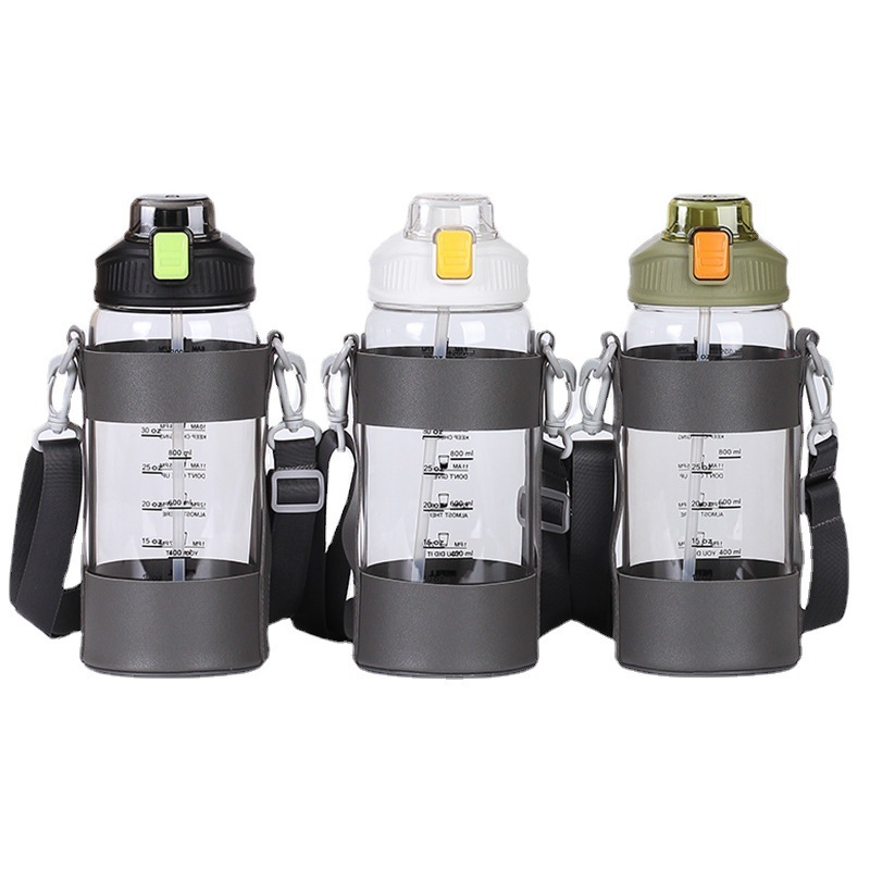 Wide Mouth 1500ml Strap Type Mountaineering Cycling Water Bottle for Sports With Silicone Protective Sleeve and Straw