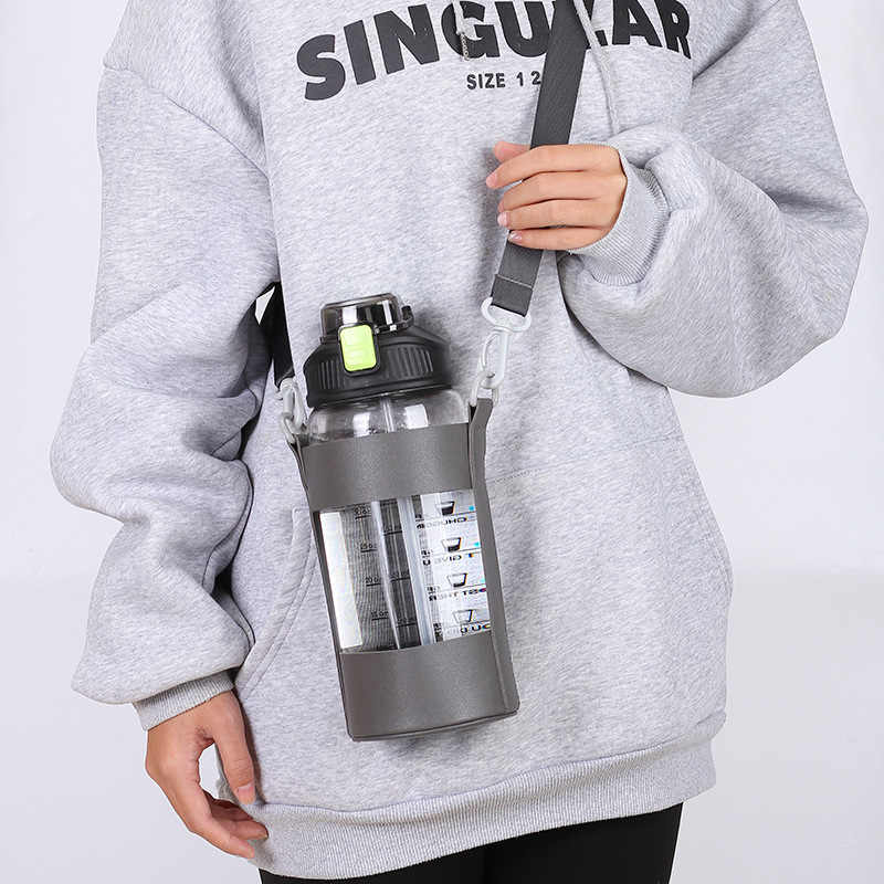 Wide Mouth 1500ml Strap Type Mountaineering Cycling Water Bottle for Sports With Silicone Protective Sleeve and Straw