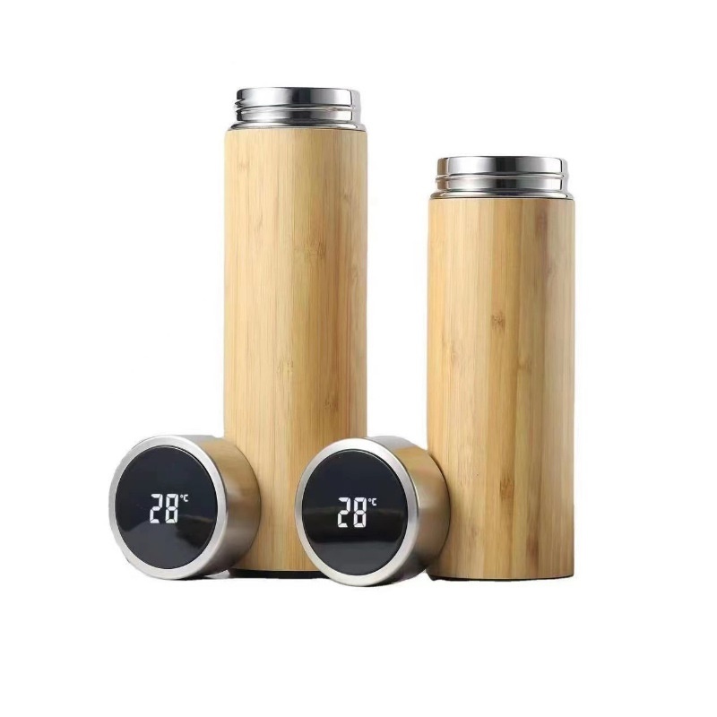 Customized Smart Drinking Tea Infuser Thermal Bamboo Water Bottle Thermos Flask with LED Temperature Display