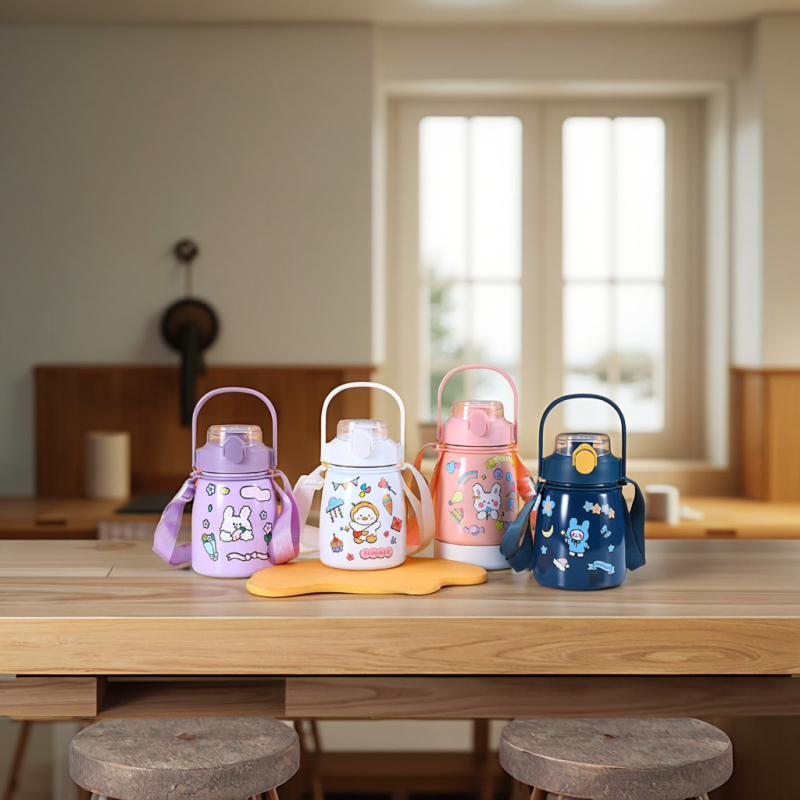 Large Capacity 304 Stainless Steel Insulated Water Bottle Cute Cartoon Design Student Portable Vacuum Flask Straw Big Belly Cup
