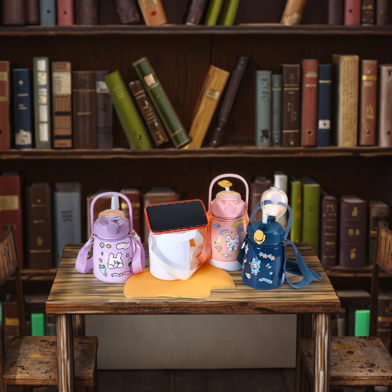 Large Capacity 304 Stainless Steel Insulated Water Bottle Cute Cartoon Design Student Portable Vacuum Flask Straw Big Belly Cup
