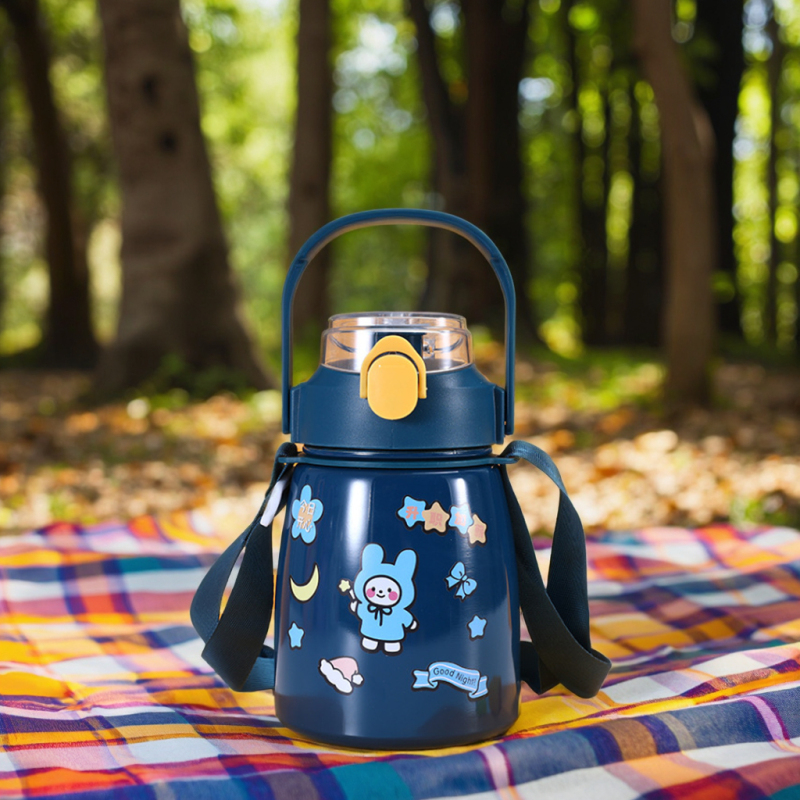 Large Capacity 304 Stainless Steel Insulated Water Bottle Cute Cartoon Design Student Portable Vacuum Flask Straw Big Belly Cup