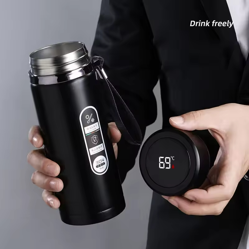 BORGE 500ml 800ml 1L Wide Mouth Stainless Steel Water Bottle Insulation Vacuum Flask with Led Digital Temperature Display