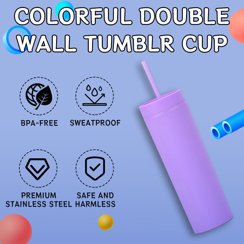BORGE Hot Selling BPA FREE Acrylic Plastic Cups with Lid and Straw Matte Colored Double Wall Skinny Tumblr Cup
