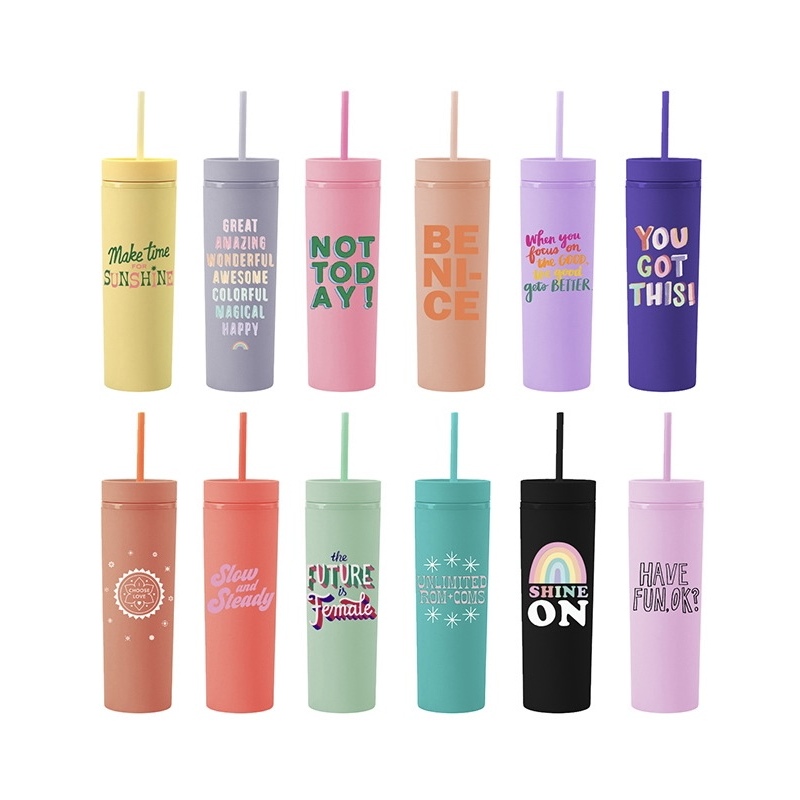 BORGE Hot Selling BPA FREE Acrylic Plastic Cups with Lid and Straw Matte Colored Double Wall Skinny Tumblr Cup