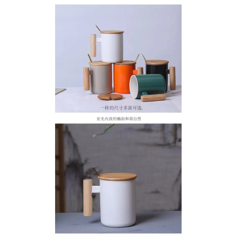 Wholesale coffee Mug ceramic cup with bamboo handle Gift Cup travel coffee mug with lid and spoon
