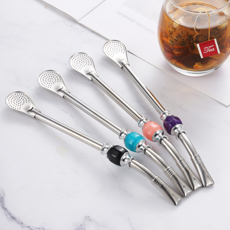 Food Grade Colorful Straw Yerba Mate Tea Bombilla Metal Drinking Straws with Cleaning Brush Set
