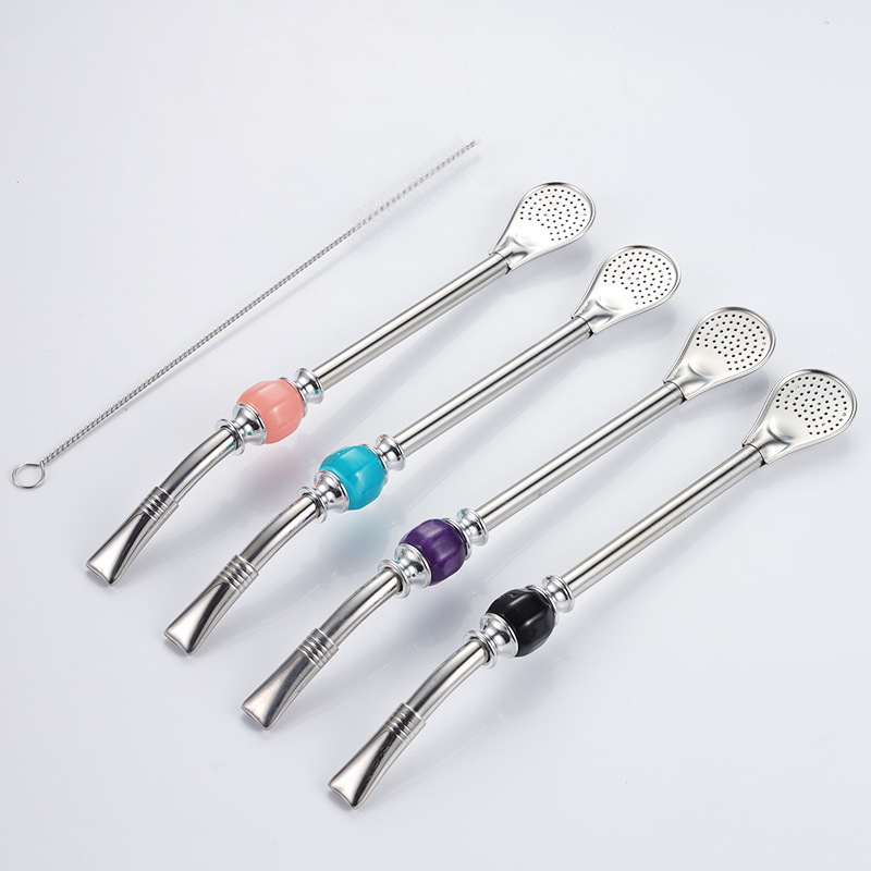 Food Grade Colorful Straw Yerba Mate Tea Bombilla Metal Drinking Straws with Cleaning Brush Set