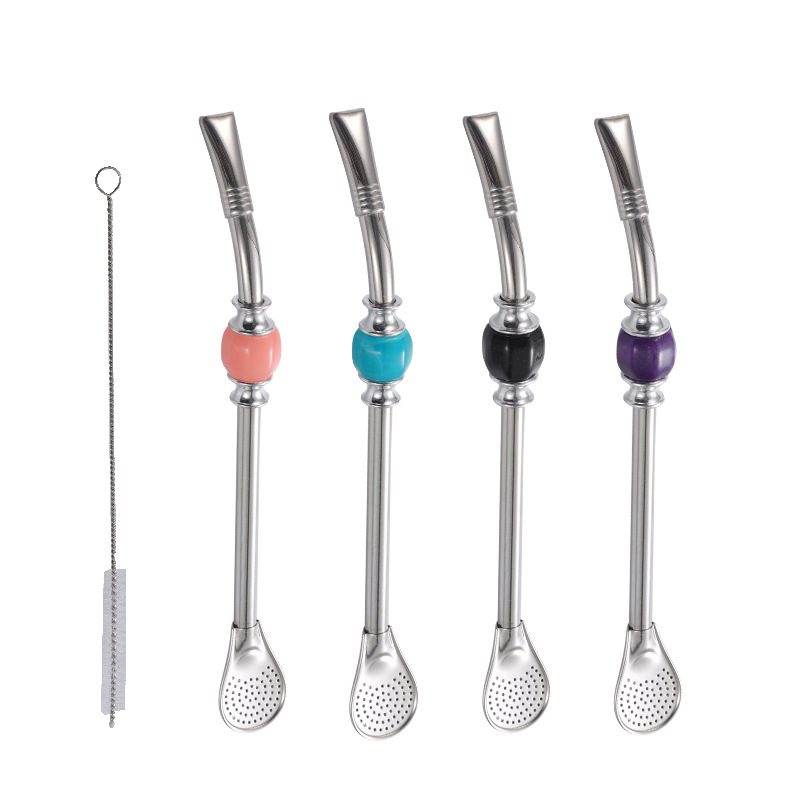 Food Grade Colorful Straw Yerba Mate Tea Bombilla Metal Drinking Straws with Cleaning Brush Set