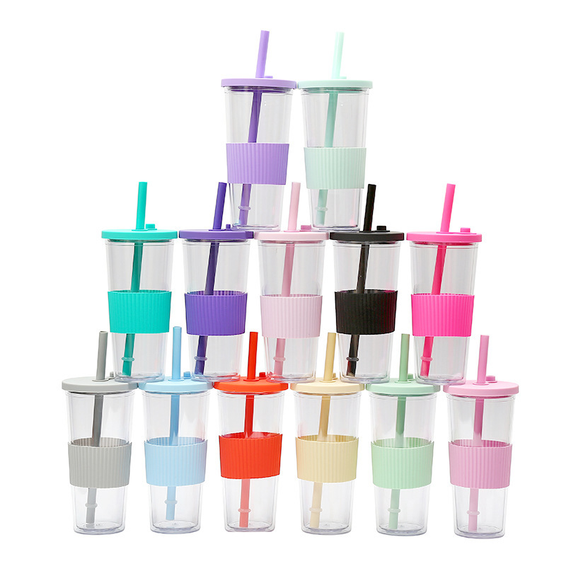 Wholesale Bulk Large Capacity 710ml 24oz Double Layer Water Bottle Plastic Tumblr Cup With Lids and Straws