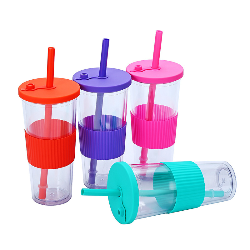 Wholesale Bulk Large Capacity 710ml 24oz Double Layer Water Bottle Plastic Tumblr Cup With Lids and Straws