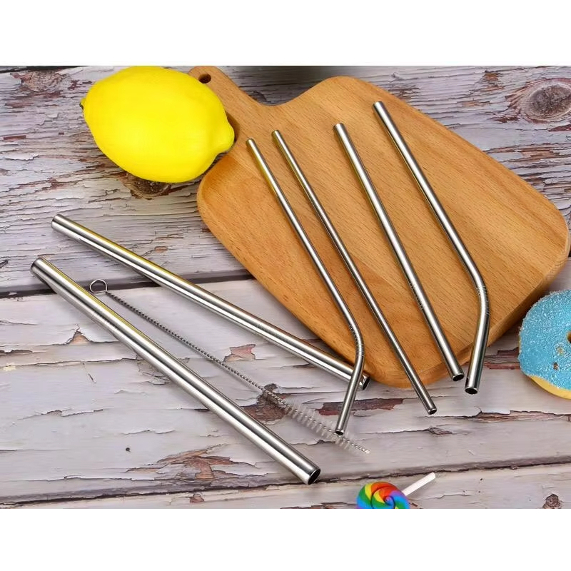BORGE Reusable 304 Stainless Steel Straws Straight Bent Metal Drinking Straw Set With Cleaner Brush for Party Bar Accessory