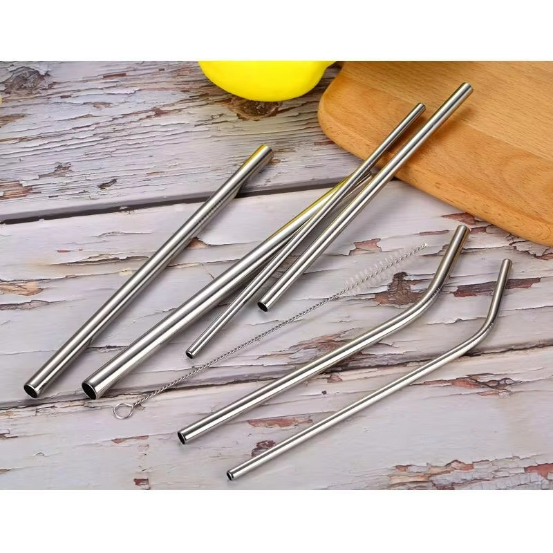 BORGE Reusable 304 Stainless Steel Straws Straight Bent Metal Drinking Straw Set With Cleaner Brush for Party Bar Accessory