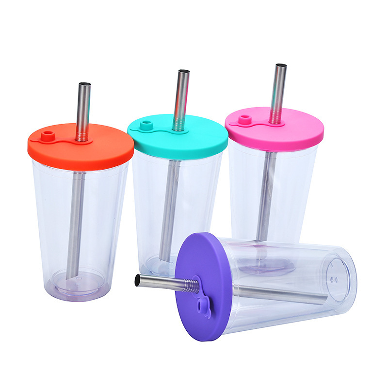 Wholesale Bulk 480ml 16oz Reusable Cold Double Wall Plastic Studded Tumblr Cup Boba Boba Milk Tea Cup With Straw and Lid