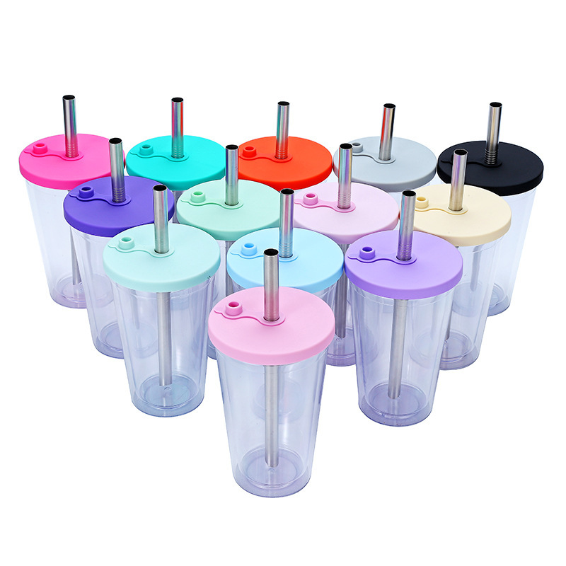 Wholesale Bulk 480ml 16oz Reusable Cold Double Wall Plastic Studded Tumblr Cup Boba Boba Milk Tea Cup With Straw and Lid