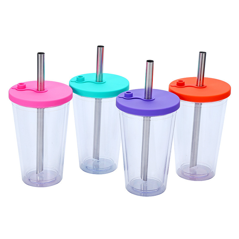 Wholesale Bulk 480ml 16oz Reusable Cold Double Wall Plastic Studded Tumblr Cup Boba Boba Milk Tea Cup With Straw and Lid