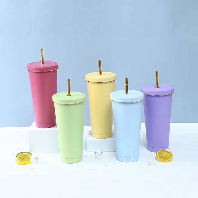 Wholesale 750ml Double Wall 304 Stainless Steel Vacuum Insulated Tumblr Cup Coffee Mugs With Straw Iced Cup