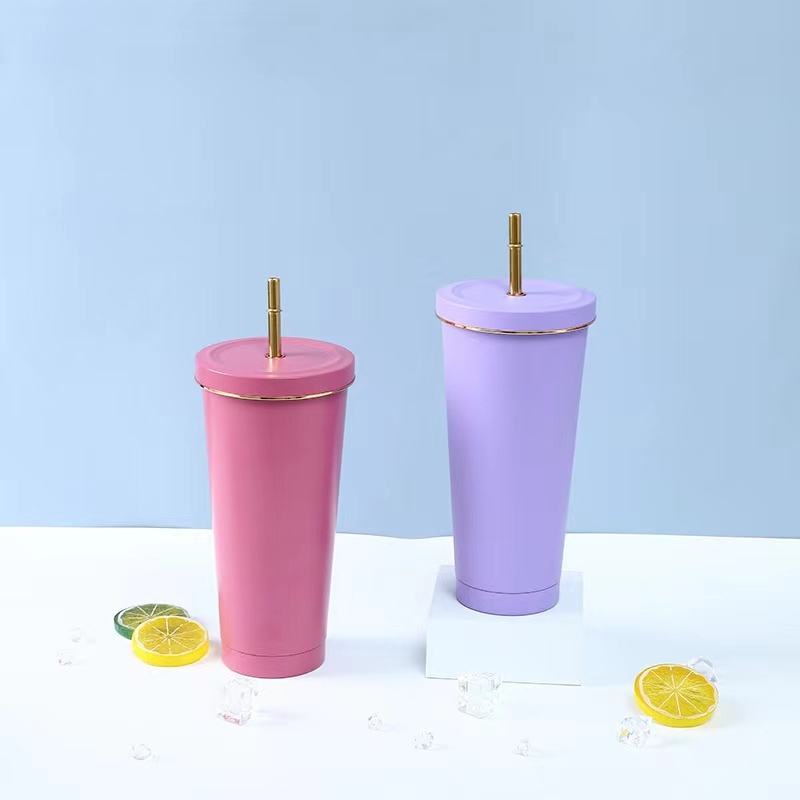 Wholesale 750ml Double Wall 304 Stainless Steel Vacuum Insulated Tumblr Cup Coffee Mugs With Straw Iced Cup