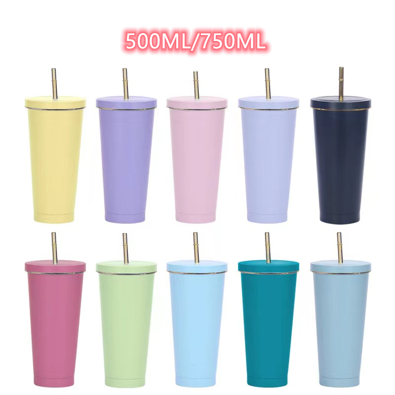 Wholesale 750ml Double Wall 304 Stainless Steel Vacuum Insulated Tumblr Cup Coffee Mugs With Straw Iced Cup