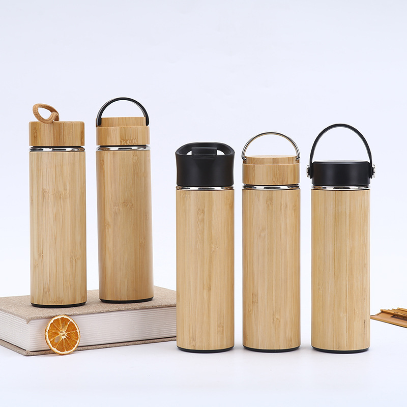 Customized Vacuum Wood Bamboo Double Wall Thermos Stainless Steel Water Bottle Tumbler with Tea Infuser and Handle Lids