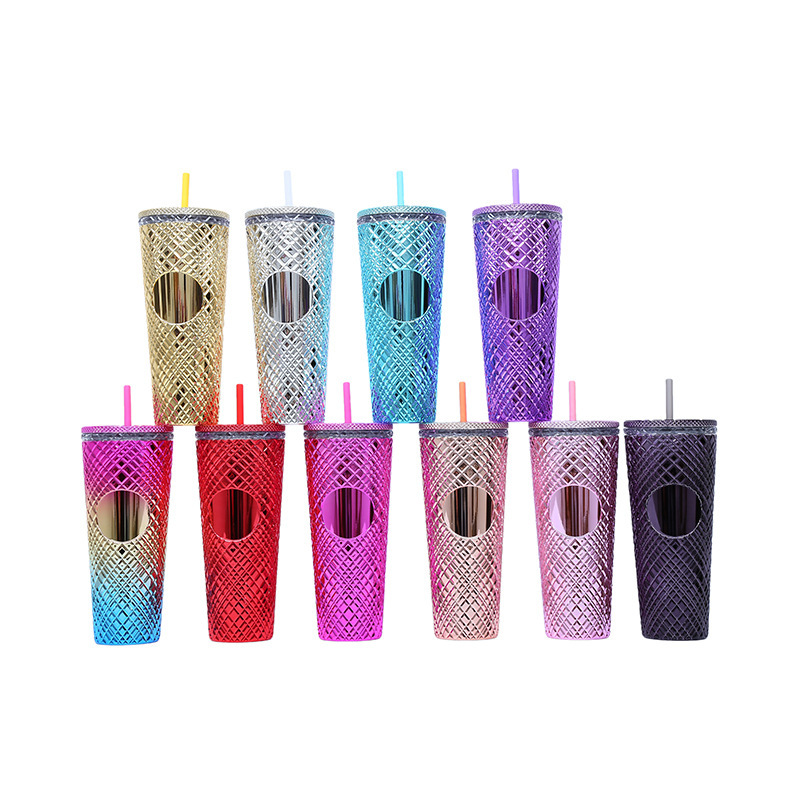 Wholesale Bulk Reusable Skinny Lid Drinking Diamond Tumblers Double Wall Plastic Studded Tumblr Cup With Straw and Lid