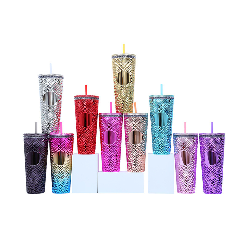 Wholesale Bulk Reusable Skinny Lid Drinking Diamond Tumblers Double Wall Plastic Studded Tumblr Cup With Straw and Lid
