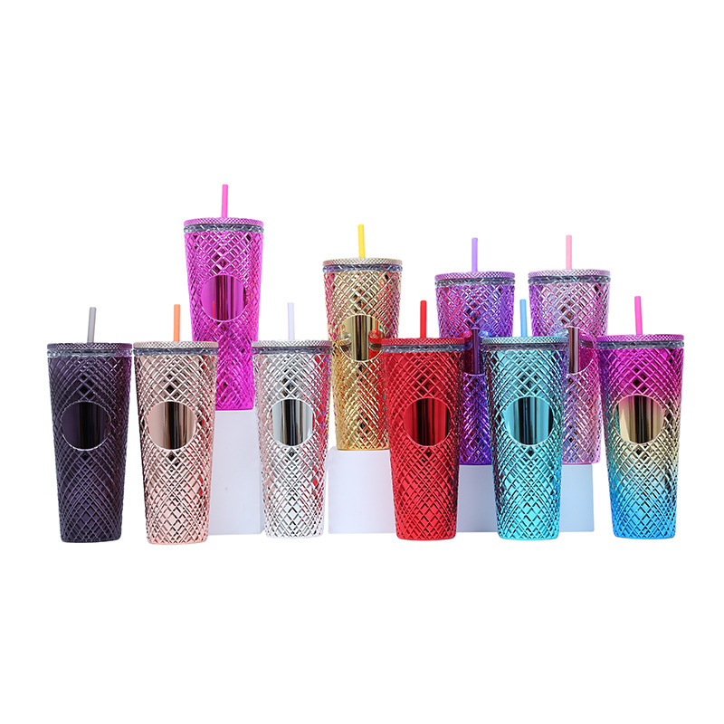 Wholesale Bulk Reusable Skinny Lid Drinking Diamond Tumblers Double Wall Plastic Studded Tumblr Cup With Straw and Lid