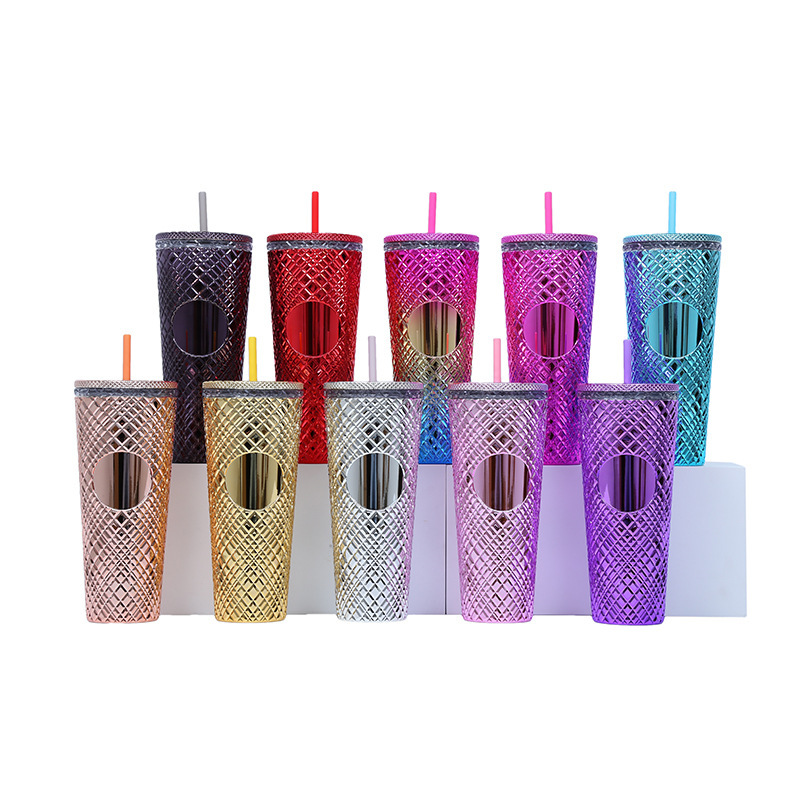 Wholesale Bulk Reusable Skinny Lid Drinking Diamond Tumblers Double Wall Plastic Studded Tumblr Cup With Straw and Lid