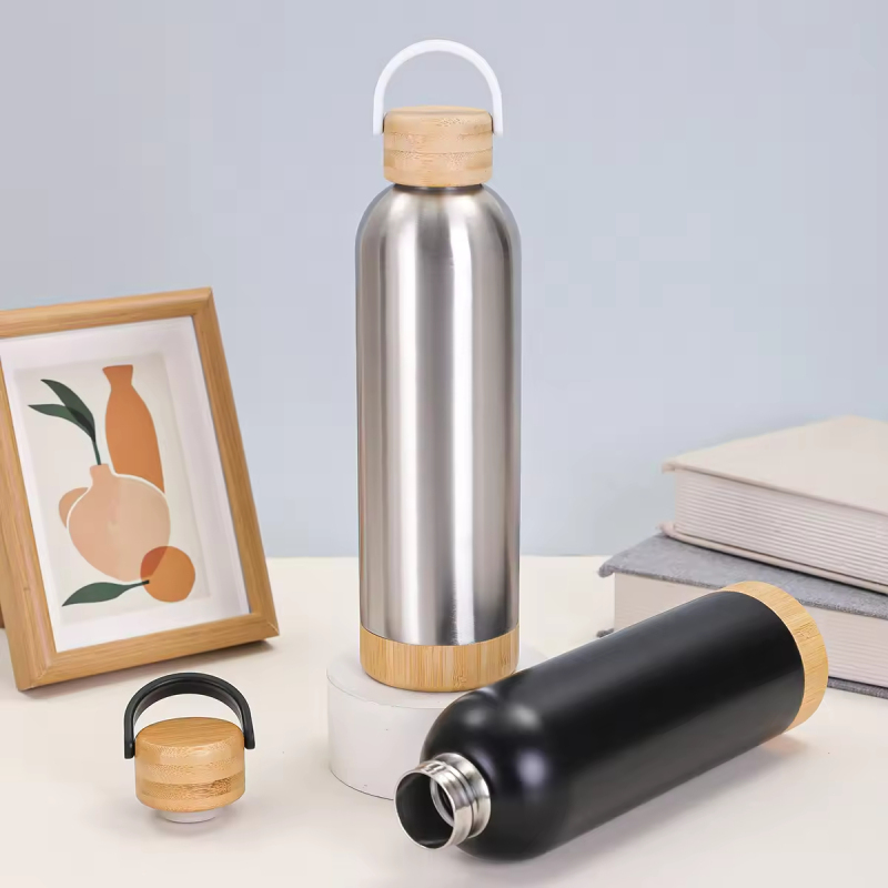 BORGE Customized 500ml/750ml Stainless Steel Insulated Vacuum Portable Sport Bamboo Water Bottle Tumbler With Handgrip